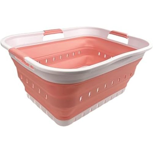 SAMMART 42L (11 gallon) Collapsible Plastic Laundry Basket - Foldable Pop Up Storage Container/Organizer - Space Saving Hamper/Basket (1, White/Quartz Pink)