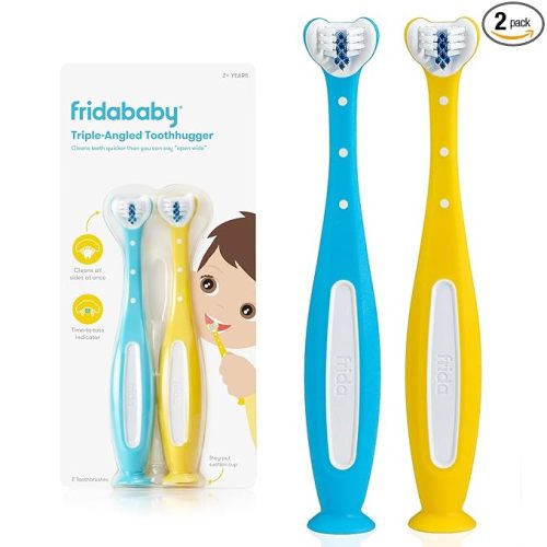 Frida Baby Triple-Angle Toothhugger Training Toddler Toothbrush | Toddler Toothbrush 2 Years and Up, Cleans All Sides at Once | 2 Pack (Yellow + Blue)