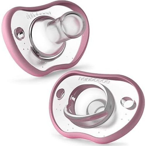 Nanobebe Baby Pacifiers 0-3 Month - Orthodontic, Curves Comfortably with Face Contour, Award Winning for Breastfeeding Babies, 100% Silicone - BPA Free. Perfect Baby Registry Gift 2pk,Pink