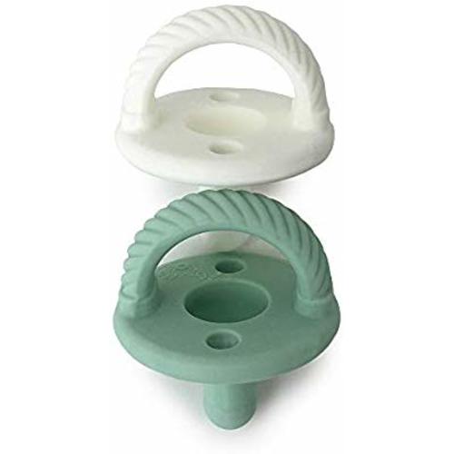 Itzy Ritzy Sweetie Soother Pacifier Set of 2- Silicone Newborn Pacifiers with Collapsible Handle & Two Air Holes for Added Safety; Set of 2 in Green and White, Ages Newborn & Up - Green & White