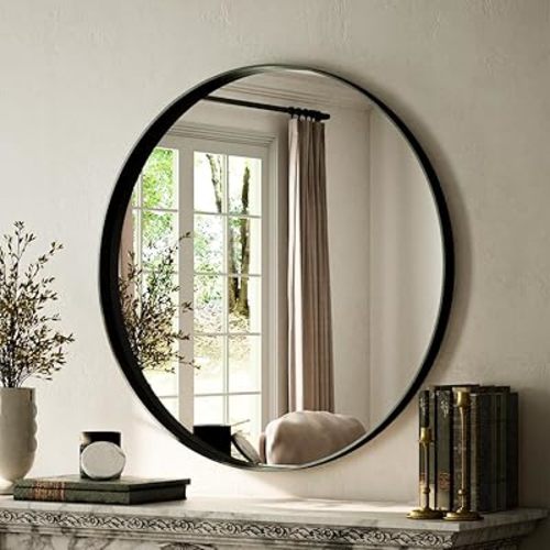Round Bathroom Mirror 30 inch, Black Gorgeous Deep Frame Wall Mirror, Modern Round Bathroom Vanity Mirror for Bedroom, Living Room, Hanging or Leaning, Black