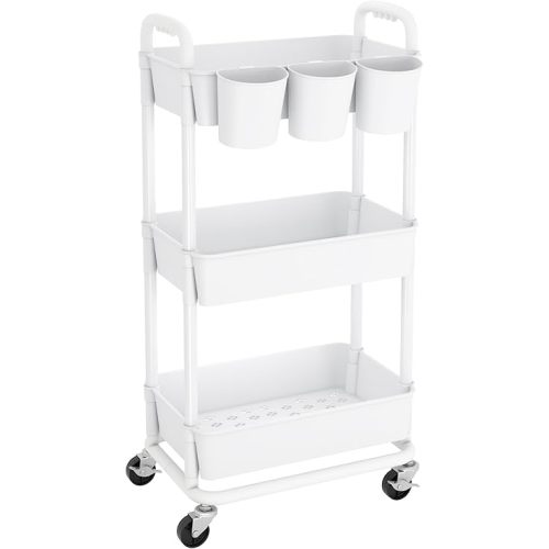 3-Tier Plastic Rolling Storage Cart Utility Cart with Extra Hanging Cups Handles Lockable Wheels for Living Room Bathroom Kitchen Office White