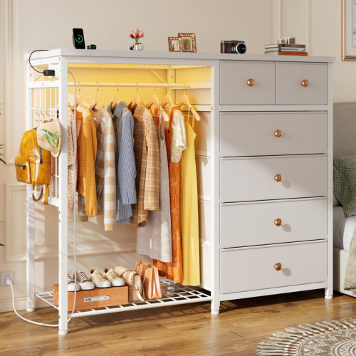 17 Stories Dresser For Bedroom With Clothes Rack, 6 Drawer Dresser With Shoe Rack, Charging Station & Led Lights | Wayfair