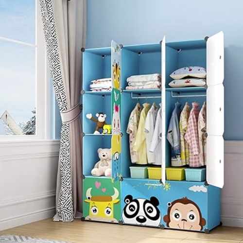 MAGINELS Kids Closet,Baby Wardrobe Closet with Door,Cute Portable Armoire Dresser,Clothes Hanging Storage Rack for Boy Bedroom,Blue,12 Cube(14x14inch)