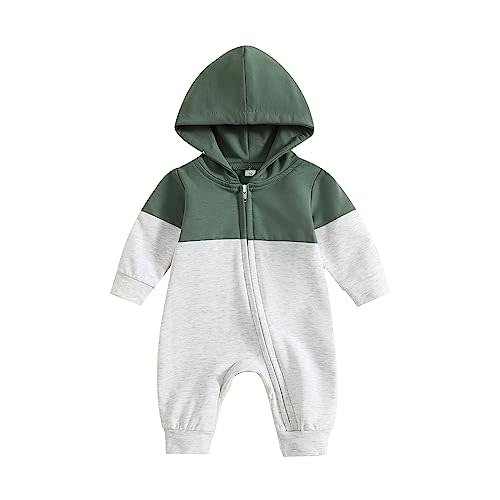 BemeyourBBs Newborn Baby Boy Clothes Color Block Long Sleeve Hooded Romper with Pocket Fall Winter One Piece Outfits