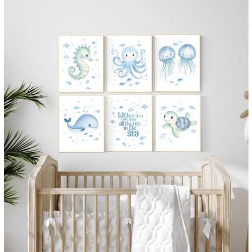 Watercolor Sea Animal Nursery Prints: Ocean Wall Art Set