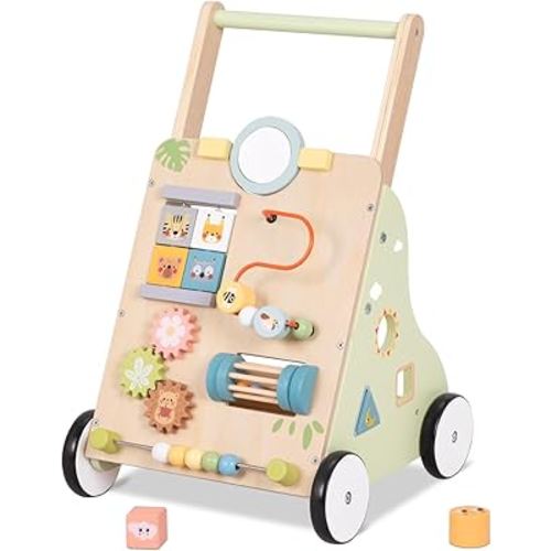 OOOK Wooden Baby Walker with Wheels, Montessori Baby Push Walker, Sit to Stand Walker for Baby Boy 6-12 Months, Toddler Standing Activity Center for Boys and Girls