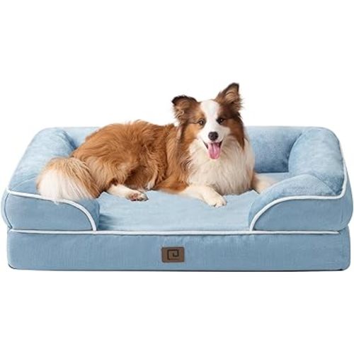 EHEYCIGA Orthopedic Dog Beds for Large Dogs, Waterproof Memory Foam Large Dog Bed with Sides, Non-Slip Bottom and Egg-Crate Foam Pet Couch Bed with Washable Removable Cover, Washed Blue