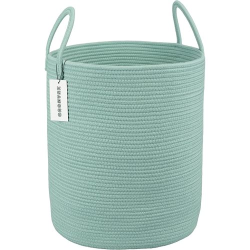 Cotton Rope Laundry Basket Hamper for Clothes Woven Storage Basket for Living Room Bedroom Boho Tall Rope Baskets for Blanket Toys Pillow Towels Baby Nursery Hamper Bin Large light green