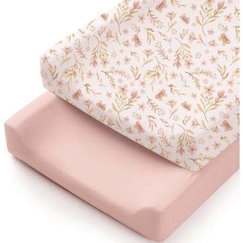 Konssy 2 Pack Stretchy Changing Pad Covers for Girl, Boy, Silky Soft Changing Table Cover, Breathable Baby Nursery Diaper Chang Pad Sheets (Pink Spring,Pink)
