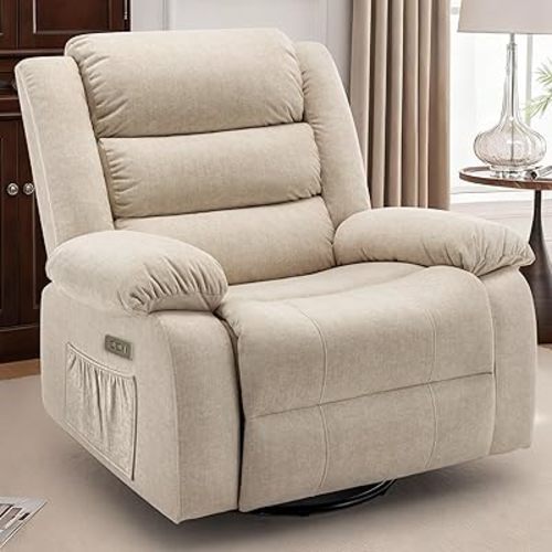 Power Recliner Chair, Electric Rocker Recliner with Massage and Heat, 270° Swivel Glider, Oversized Wide Seat with USB Port, Cashmere Nursery Chair for Living Room, Khaki