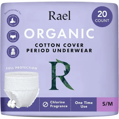 Rael Disposable Underwear for Women, Organic Cotton Cover - Incontinence Pads, Postpartum Essentials, Disposable Underwear, Unscented, Maximum Coverage (Size S-M, 20 Count)