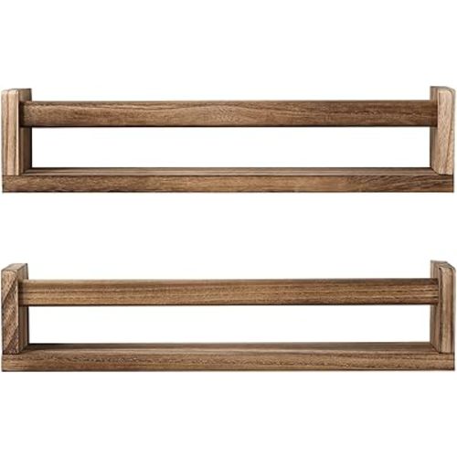 JORIKCHUO Nursery Book Shelves, Set of 2 Wood Floating Book Shelves for Kids Room, Kitchen Spice Rack, or Rustic Wall Mounted Shelves for Farmhouse Bathroom Décor (carbonized)