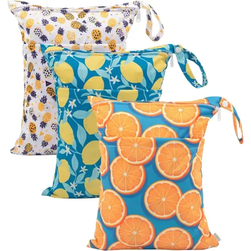 babygoal Wet Dry Bags for Baby Cloth Diapers, Washable Travel Bags, Beach, Pool, Gym Bag for Swimsuits & Wet Clothes with Two Zippered Pockets 3 Pack, 3LN22