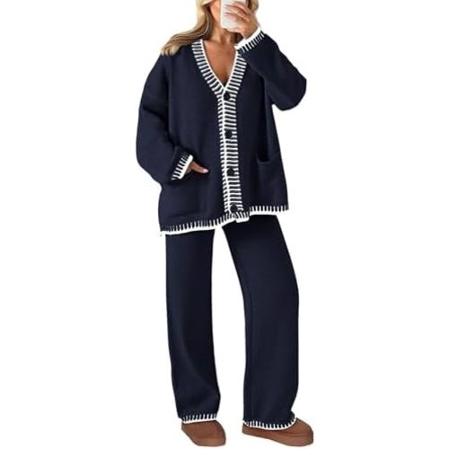 PRETTYGARDEN Women's 2 Piece Outfits Knit Matching Lounge Sets Long Sleeve V Neck Cardigan Sweaters Wide Leg Pants Tracksuits