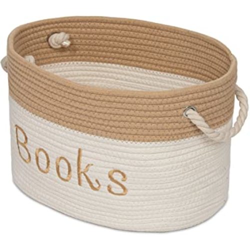 Rope Storage Basket - 15 x 11 x 9 Book Storage Bin - Embroidered Storage Bins - Tote Bin for Nursery, Playroom, Living Room, Classroom (Book Bin)