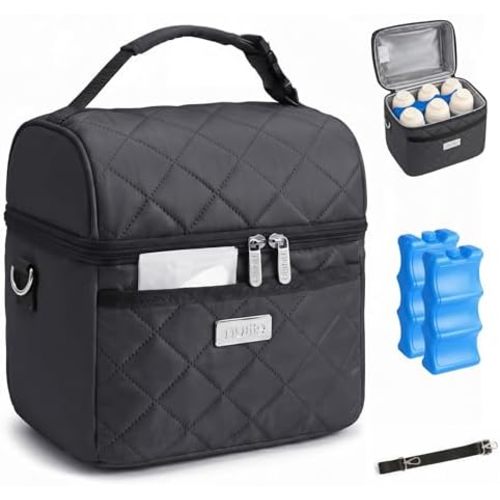Nuliie Breastmilk Cooler Bag with 2 Ice Packs, Fits 6 Baby Bottles Up to 10 Ounce, Four Layer Insulated Baby Bottle Bag for Daycare, Breast Milk Cooler with Pocket, Strap & Buckle, Waterproof, Grey