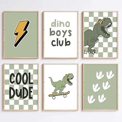 Dinosaur Nursery Wall Art Boys Room Canvas Poster Kids Wall Decor Green Dino Wall Art Toddler Baby Pictures Dinosaur Checked Prints Nursery Artwork for Boys room Bedroom 8x10 Inch Unframed Set of 6