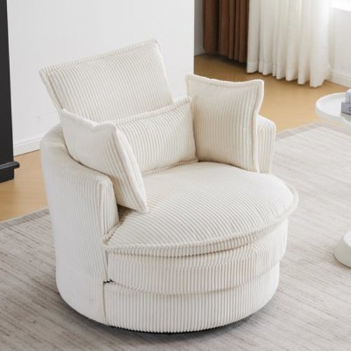 Ktaxon Swivel Corduroy Round Chair, 360-Degree Rotation Accent Chair, Double Layer Cushion Sofa with Lumbar Pillow, Ideal for Home Office Off White
