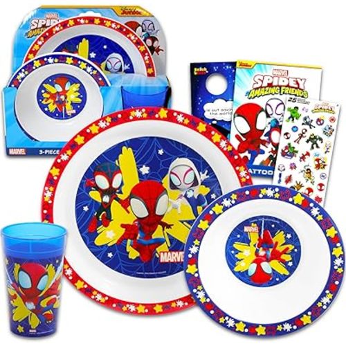 Spidey and His Amazing Friends Dinnerware Set for Kids, Toddlers - 3 Pc Kitchen Accessories Bundle with Spidey and Friends Dinner Plate, Cup, Stickers, More | Spiderman Flatware Set