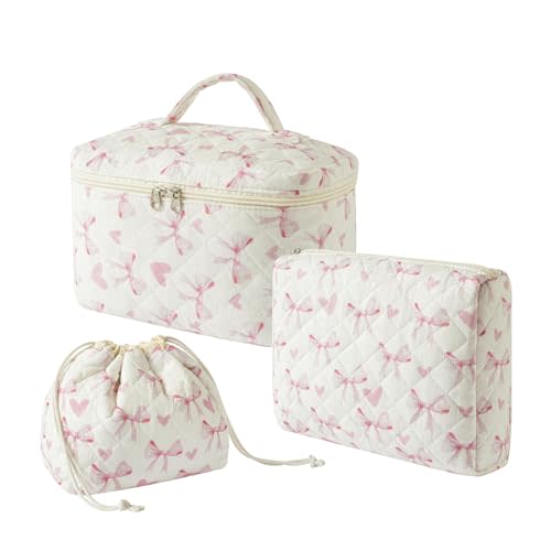 RSRSLEII 3Pcs Aesthetic Cotton Quilted Drawstring Makeup Bag Set, Aesthetic Cute Bow Makeup Pouch for Girls and Women, Aesthetic Travel Organized Cosmetic Bags for Purse(06Heart Bow)