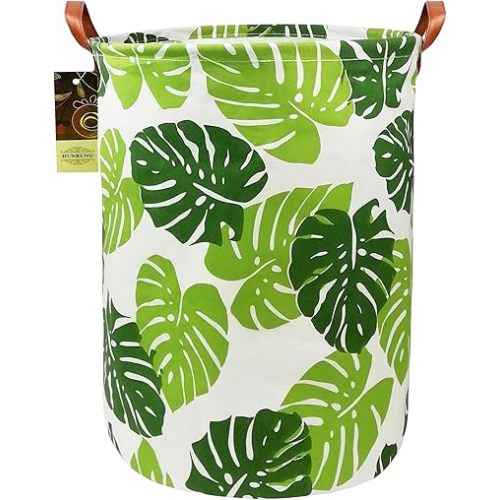 HUNRUNG Laundry Hamper,Large Canvas Fabric Lightweight Storage Basket Toy Organizer Dirty Clothes Collapsible Waterproof for College Dorms, Children Bedroom,Bathroom (Round Leaf)