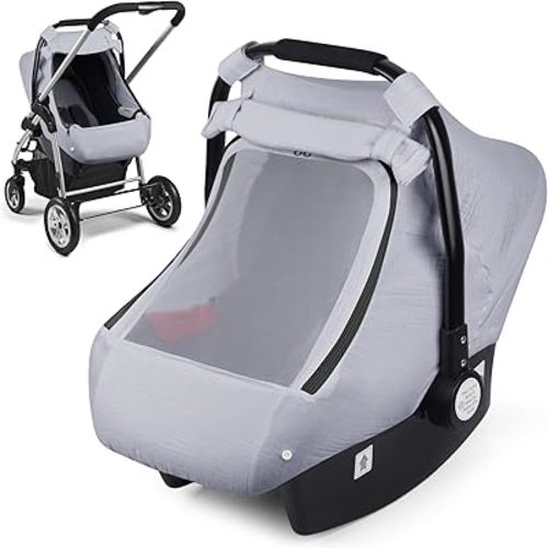 Muslin Car Seat Cover for Babies, Elstey Infant Carseat Canopy with Breathable Peep Window, Kick-Proof Baby Car Seat Covers for Boys Girls, Lightweight Newborn Carrier Cover Fit Summer