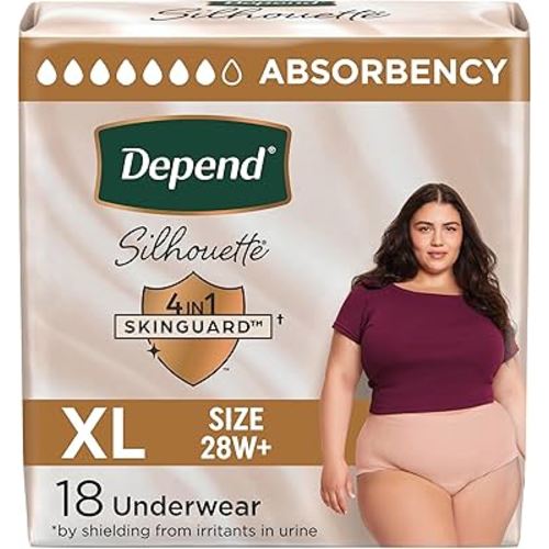 Depend Silhouette Adult Incontinence and Postpartum Underwear for Women, Extra-Large, Maximum Absorbency, Pink, 18 Count