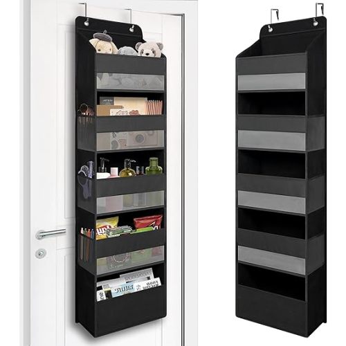 Over Door Organizer with 5 Large Pockets, Heavy Duty Hanging Organizer Storage, Closet Bathroom Nursery Bedroom Dorm, Toys Cosmetics Sundries and Baby Essentials, Black