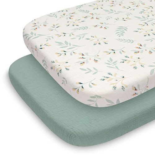 Muslin Bassinet Sheet for Baby Girl, 2 Pack (Roman Green & Botanical Leaf)