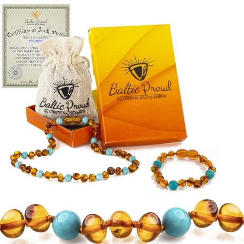 Baltic Proud Amber Necklace and Bracelet Gift Set (Unisex Cognac Turquoise 12.5 Inches/5.5 Inches) - Certified Premium Quality Raw Baltic Sea Amber