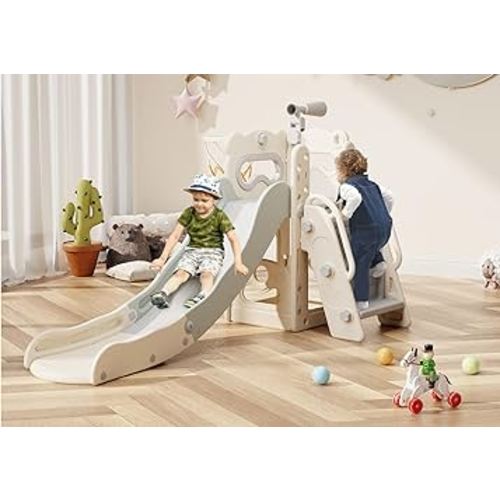 Toddler Slide, 6 in 1 Kids Indoor Slide for Toddlers 1-3, Baby Slide for Indoor Outdoor with Basketball Hoop and Telescope, L Shaped Slide for Kids Toddler Slide Playset (White&Gray)