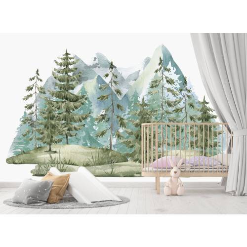 Woodland Watercolor Wall Decal Mountain, Pine Tree Forest Nursery Mural for Boy or Girl, Blue Sticker Vinyl Decoration Kids Play Room Z800