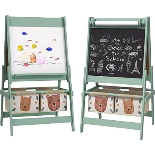 Qaba Art Easel for Kids with Paper Roll, 3 in 1 Toddler Painting Easel with Blackboard, Whiteboard, Storage Baskets, Green