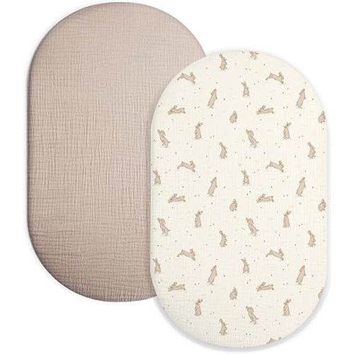 Bassinet Sheet for Baby Boy and Girl 2 Pack, Fitted Sheets for Rectangle, Oval, Hourglass Bassinet Mattress, Muslin Moses Basket Sheets with Neutral Style(Hopping Bunnies & Beige)