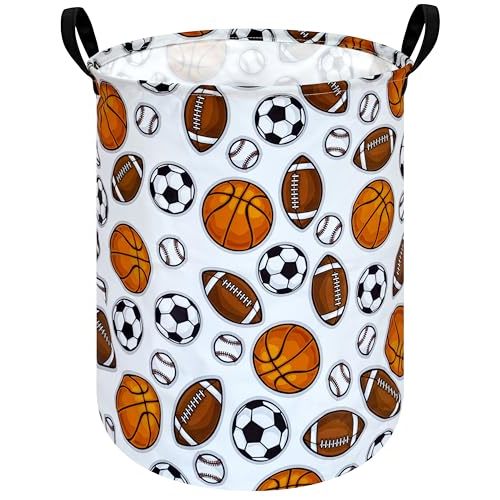 Kids Laundry Hamper,Sports Ball Nursery Storage Bins | Athletic room organizer with cotton linen fabric, coated lining, leather handles and foldable storage for toys and clothes