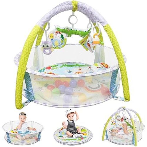 7-in-1 Activity Mat for Babies 0-6 Months Tummy Time Mat Play Mat, 5 Tummy TimeToys, 10 Ocean Toys, and 1 Tummy Time Pillow, Baby Activity Mat Easy to Install & Clean, Baby Gift
