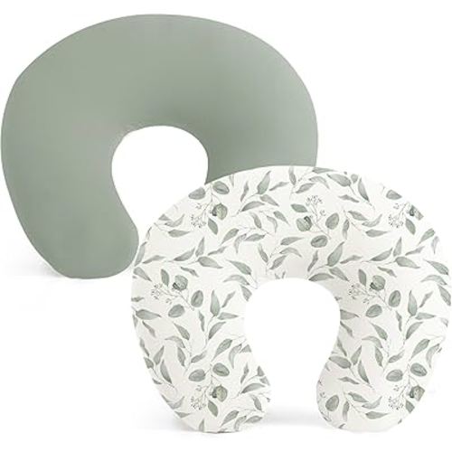 Konssy 2 Pack Nursing Pillow Covers, Stretchy and Soft Nursing Cover for Breastfeeding Pillows, Pillow Slipcover for Baby Girls Boys Newborn (Green, Green Leaves)