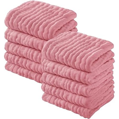Yoofoss Muslin Baby Washcloths 100% Cotton Face Towels 10 Pack Wash Cloths for Baby 12x12in Soft and Absorbent Baby Wipes (Bean Paste)