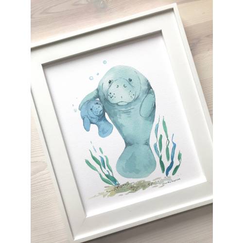 Mama and Baby Manatee Watercolor, Fine Art Print, Manatee Print, Mothers Day Gift, Personalized Gift, Nautical Nursery, First Mother's Day