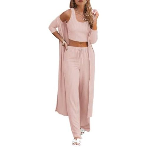 Fessceruna Womens 3 Piece Lounge Sets Pajamas Knit Long Sleeve Cardigan Crop Top Wide Leg Pants Loungewear Set