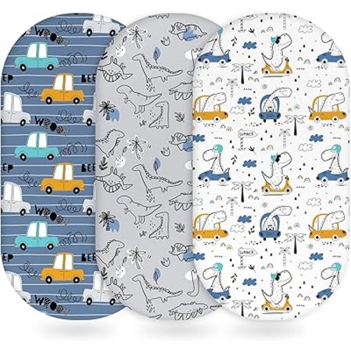 Unnivoll Baby Bassinet Sheets Girl Boy, Fitted Bassinet Sheet Set 3 Pack Bassinet Mattress Sheets Universal Fit for Rectangle, Round, Oval, Hourglass Mattress, Soft Breathable Grey & Blue Car