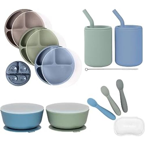 Silicone Baby Feeding Set w/ Suction Divided Plates with Lids, Suction Bowls, Drinking Cups, & Baby Spoons - 100% Food-Grade Baby Led Weaning Supplies - Dishwasher & Microwave Safe Baby Tableware