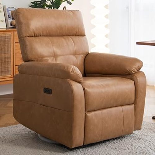 Claiks Power Swivel Rocker Recliner Chair, Oversized Recliner Chairs for Adults, PU Leather Overstuffed Reclining Chair with USB and Type-C Ports for Living Room, Brown