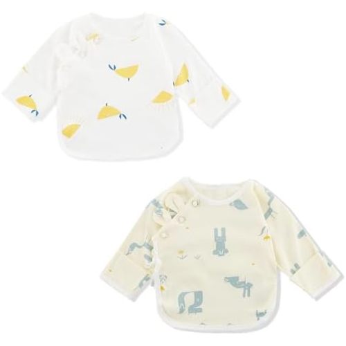 Newborn Side snap Shirts for Baby Girls & Boys, Purcotton Baby Girls & Boys Top Tees with Cute Patterns, 2-Pack