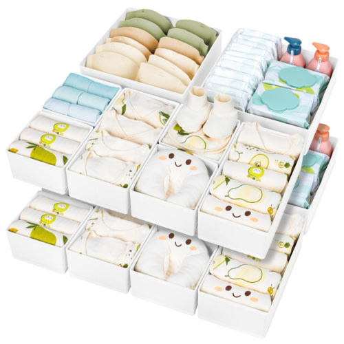 DIMJ Drawer Organizer Clothes 15 Pack - Foldable Dresser Organizer for Nursery, Bedroom, Closet - White Dividers for Baby Clothes, Underwear, Clothing, Sock, Belt, Tie