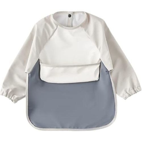 GZMM Waterproof Baby Bibs,Infant Toddler Long Sleeve Feeding Bib With Food Catcher,Wipe Clean & Washable