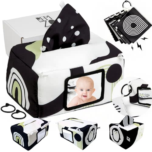 REMZO Baby Tissue Box Toy 3-in-1 w/ 10 Hanging Baby Crinkle Paper and Tummy Time Mirror - High Contrast Baby Toys for Newborn - Sensory Montessori Magic Tissue Box - Crinkle Books for Babies