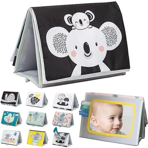 Tummy Time Toys High Contrast Baby Book. Fun, Interactive Crinkle Books for Babies with Baby Tummy Time Mirror & Soft Koala Teether - Baby Tummy Time Book by Taf Toys