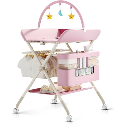 QMHHRJT Foldable Portable Changing Table for Baby,Upgraded Style Baby Portable Diaper Changing Station with Wheels,Nursery Five Level Adjustable Height Changing Table with Organizer Storage(Pink)